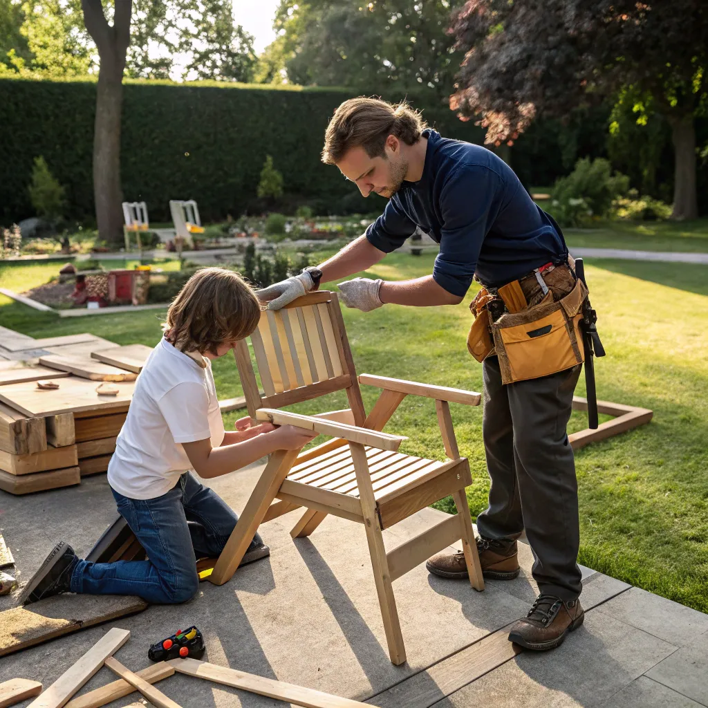 Instructor guiding a student in garden furniture crafting
