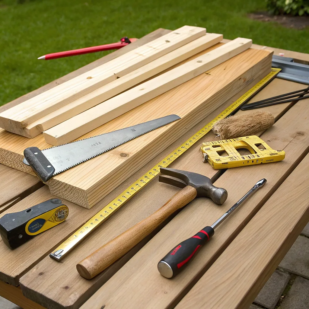 Assorted woodworking tools and wooden planks used in garden furniture making courses