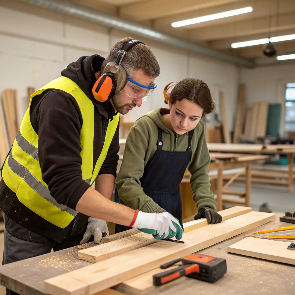 Instructor guiding student in woodworking